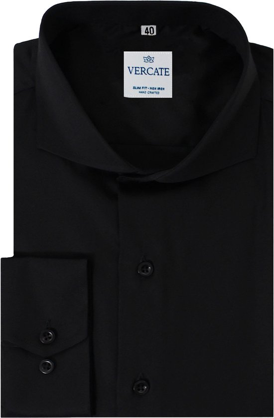 Vercate - Strijkvrij Overhemd - Zwart - Slim Fit - Katoen Satijn - Lange Mouw - Heren - Maat 45/XXL