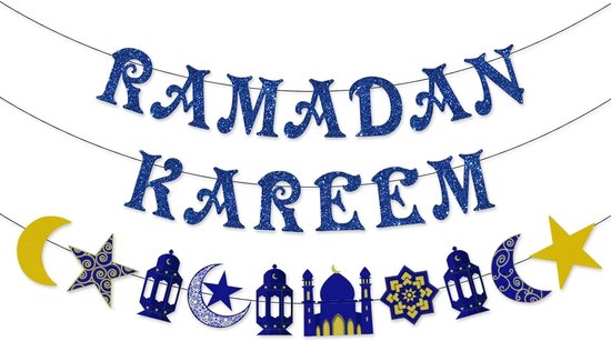 Foto: 2 stuks ramadan kareem banner ster en maan guirlande decoratieve banner blauwe islamitische eid mubarak wimpel familie ramadan feest muur decoratie blauwe goud glitter