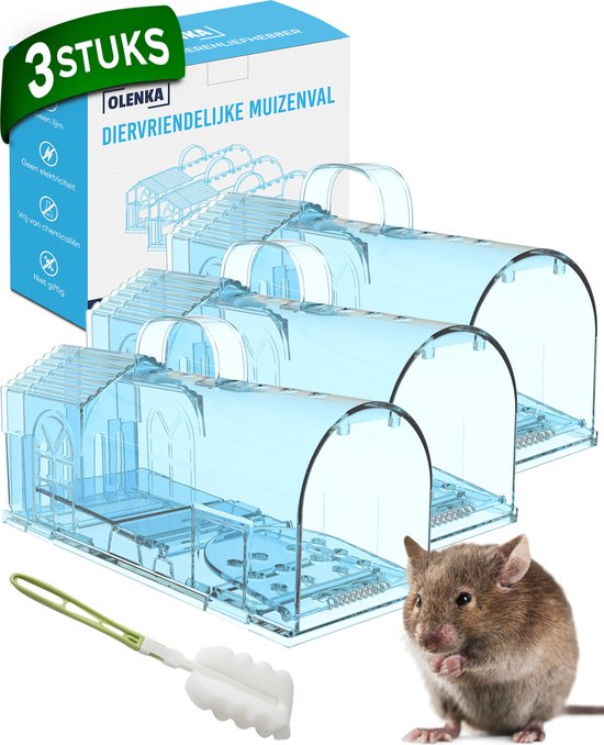 Olenka Muizenval - Diervriendelijke Muizenvallen Voor Binnen en Buiten - 3 Stuks - Mouse Trap - Met Schoonmaak Borstel - Muizengif Alternatief - Verbeterde Versie 2024 - Blauw