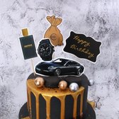 Luxe Auto Taart Topper Set - 5-Delig - Happy Birthday - Geld - Horloge - Parfum - Taart Versiering - Verjaardag Versiering - Taart Decoratie - Kinderfeestje - Toppers - Taarttopper - Cake Topper - Voor Jongens en Mannen