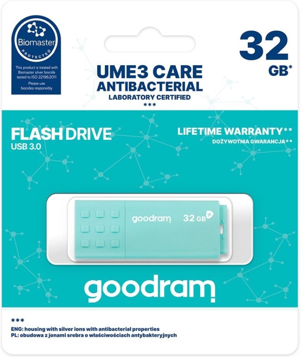 Goodram USB Stick Pen Drive 32GB USB 3.0 - UME3 Care - Antibacteriëel - Turkoois Usb-stick - USB 3.0 A - 32 GB - turkoois