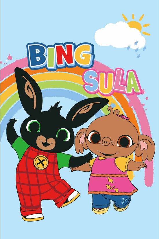 Bing en Sula springen vrolijk voor een regenboog, een zon en een wolk.