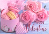 Wenskaart Happy Valentine! Een bijzondere kaart met roze rozen, een lief hartje en lekkere zoete koekjes!