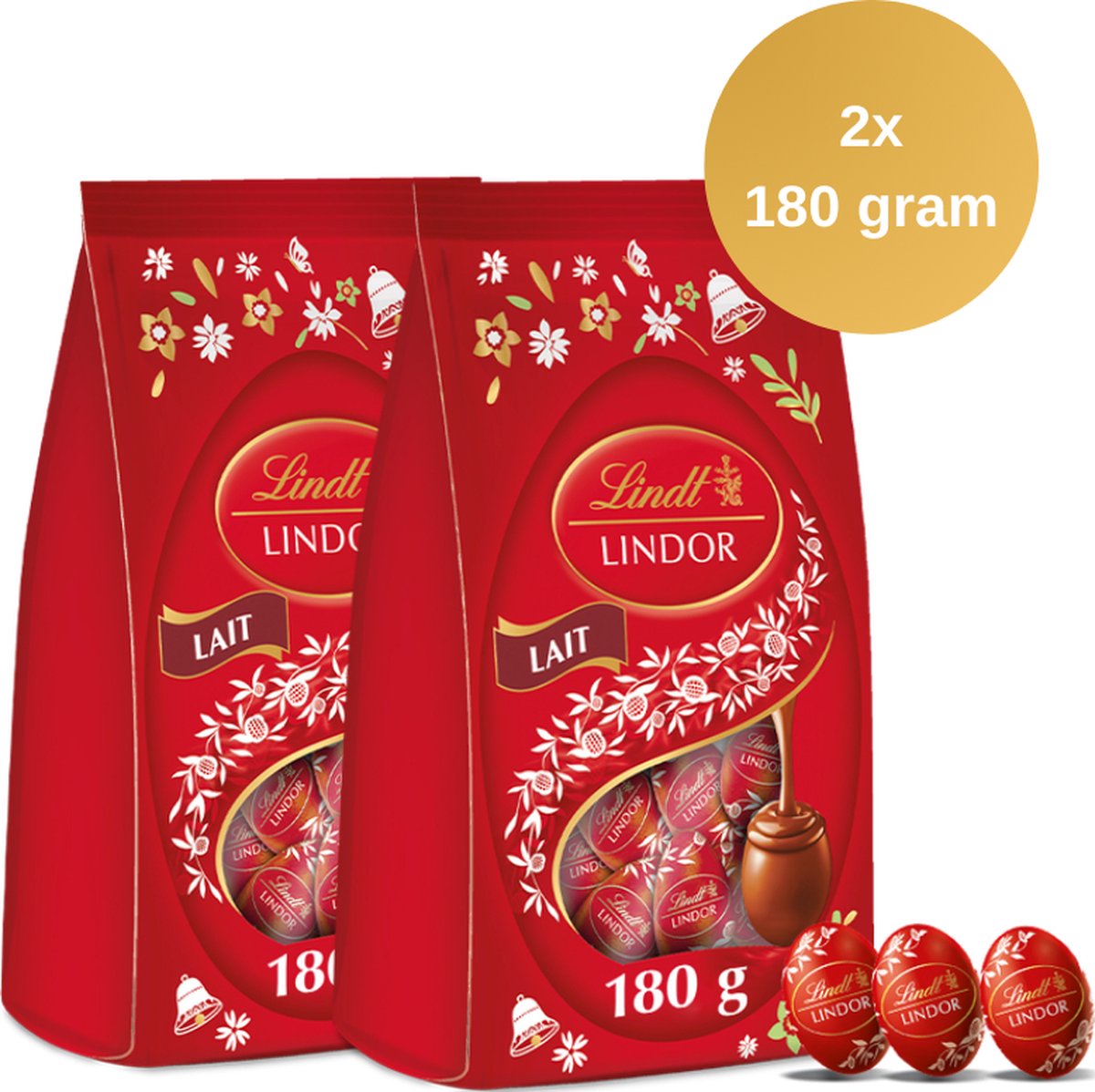 Lindt LINDOR Melkchocolade Paaseitjes 2-pack - 2x 180 gram - Melkchocolade - 60 eitjes - Pasen Chocolade - Pasen Cadeau - Lindt