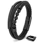 Zwarte leren armband met gevlochten banden, zwarte kralen, metalen staaf en magneetsluiting.
