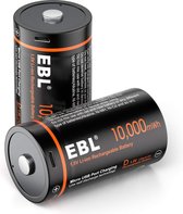 EBL 2-Pack Oplaadbare Batterijen D-Cell - Rechargeable 10.000 mWH AA Batterij met 2in1 Oplaadkabel - Lithium Micro USB Batterijen