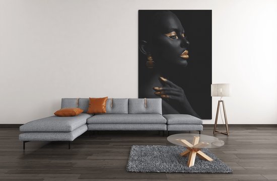 Canvas Schilderij - Vrouw - Portret - Goud - Zwart - 90x60x2 cm
