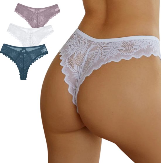 3 Pack - Sexy Brazilian Dames String - Kant - Wit, Groen en Nude - Dames Lingerie / Ondergoed Set - Maat XL