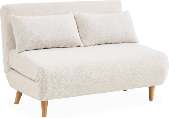 sweeek - Guesta - canapé-lit double dépliable scandinave - en tissu bouclé blanc - dossier rabattable, pieds en bois foncé, canapé lounge,