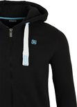 Zwarte hoodie met capuchon, rits, witte trekkoorden en lichtblauwe riverso logo's.