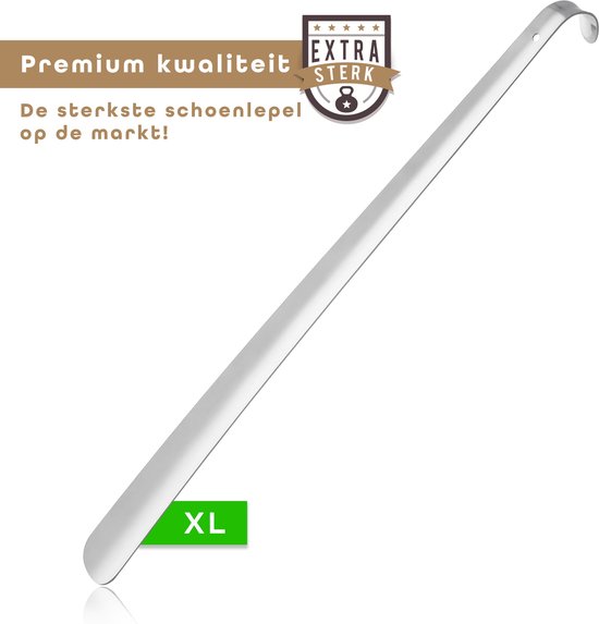 Een XL metalen schoenlepel met de tekst 'Premium kwaliteit' en 'Extra sterk'.
