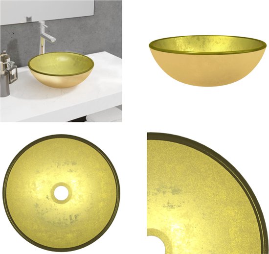 Quatre images d'une vasque ronde dorée. Une en contexte sur un meuble-lavabo, une isolée, une vue de dessus et un détail.