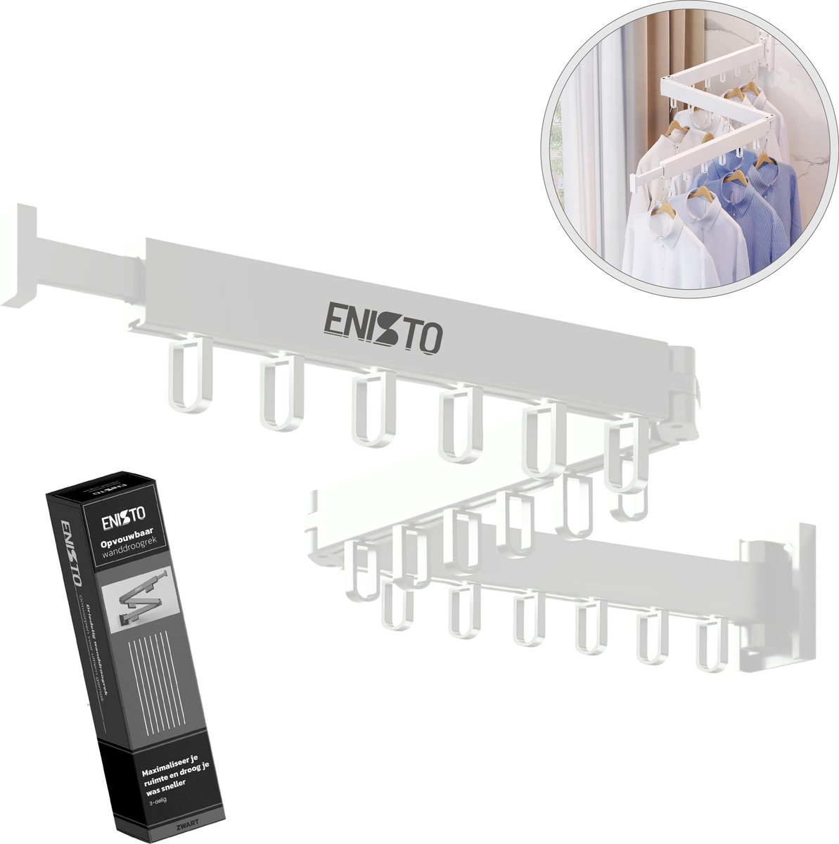 ENISTO® Wanddroogrek - Inklapbaar Wasrek - Droogrek Hangend - Wit - Met of Zonder Boren - Uittrekbaar - Ruimtebesparend