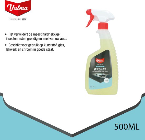 Spuitfles met gele Valma Insectfree reiniger. Verwijdert insectenresten van auto's, kunststof, glas, lak en chroom.