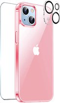 Geschikt voor Iphone 15 hoesje - 3 in 1 - Iphone 15 screenprotector - Iphone 15 hoesje Roze transparant - Hoesje iphone 15 - Twistaxis