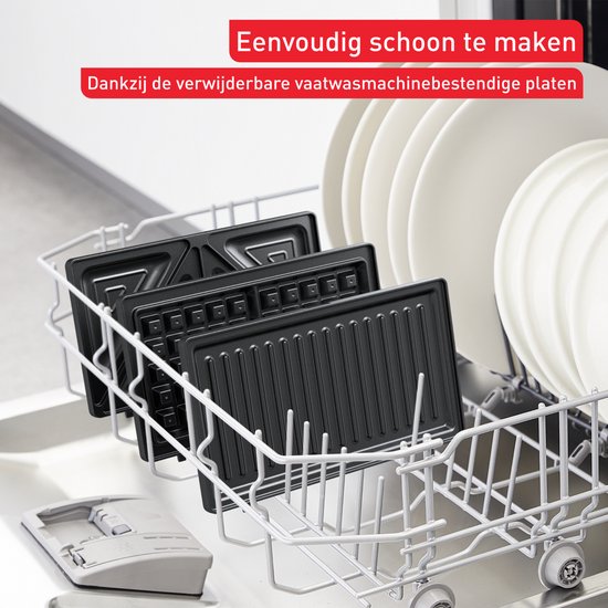 Drie verwisselbare platen van de Tefal snackmaker in de vaatwasser.