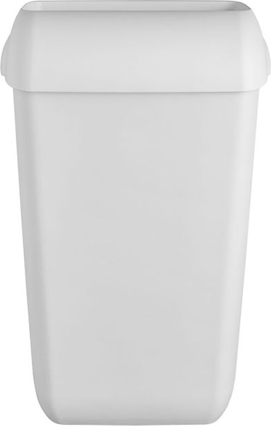 Witte afvalbak met een moderne, gebogen witte rand.