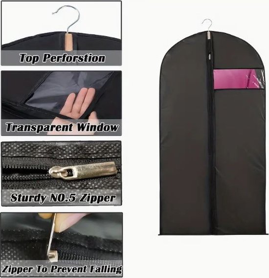 Zwarte kledinghoes met details: top perforatie, transparant venster, stevige rits en ritsbescherming.