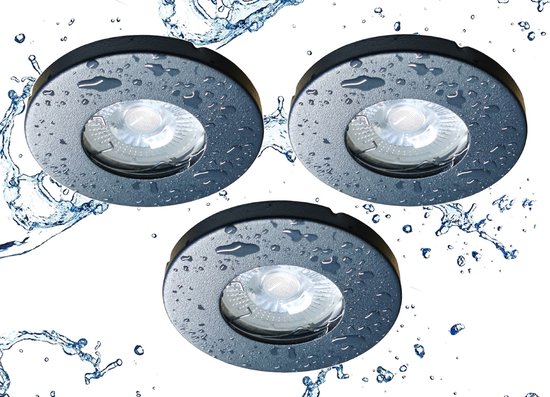 Trango Set van 3 IP65 inbouwspots 6729IP65-031M6KSD in antraciet mat incl. 3x 5 Watt 3-traps dimbaar 6000K koel wit Ultra Flat LED Module, Buiten, Badkamer Plafondspot, Douche Plafondlamp