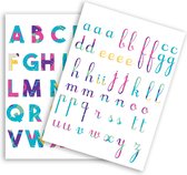 Stickers - Gekleurd Alphabet - Blokletters & Geschreven Letters - Scrapbook Hobby DIY - 2 Stickervellen - 1.5-2.5cm - 73 Stuks