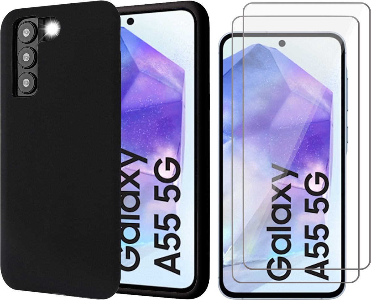 Hoesje geschikt voor Samsung Galaxy A55 - 2x Screenprotector Glas - Mat Back Case Zwart