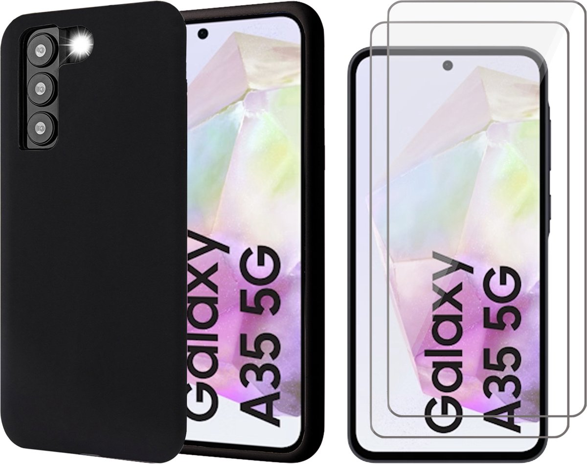 Hoesje geschikt voor Samsung Galaxy A35 - 2x Screenprotector Glas - Mat Back Case Zwart