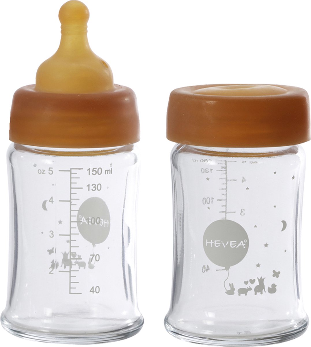 HEVEA Wide Neck glazen drinkfles | 150ml | 2 stuks | borosilicaat glas | 100% natuurrubber