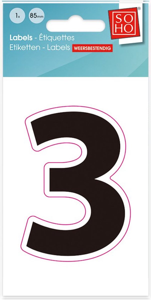 Plakcijfer - Nummer Sticker - 3 - Weerbestendig Ca. 85mm Hoog - Zwart