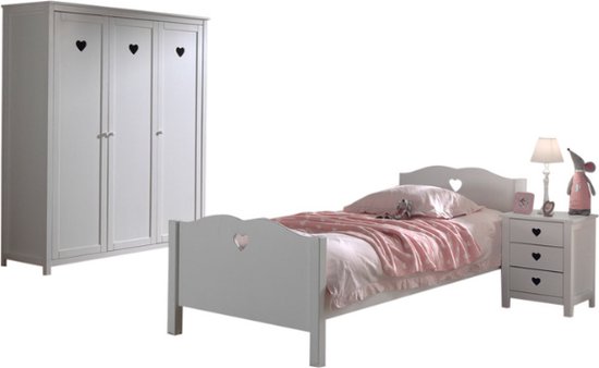 Vipack Kinderkamer Amori met nachtkast en 3-deurs kast - 90 x 200 cm - wit