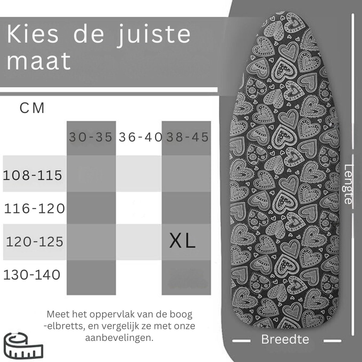 Nieuwe premium strijktafelhoes voor snel en eenvoudig strijken, voor stoomstrijkijzer, zwart hart, 38-45 cm x 120-125 cm (maat XL)