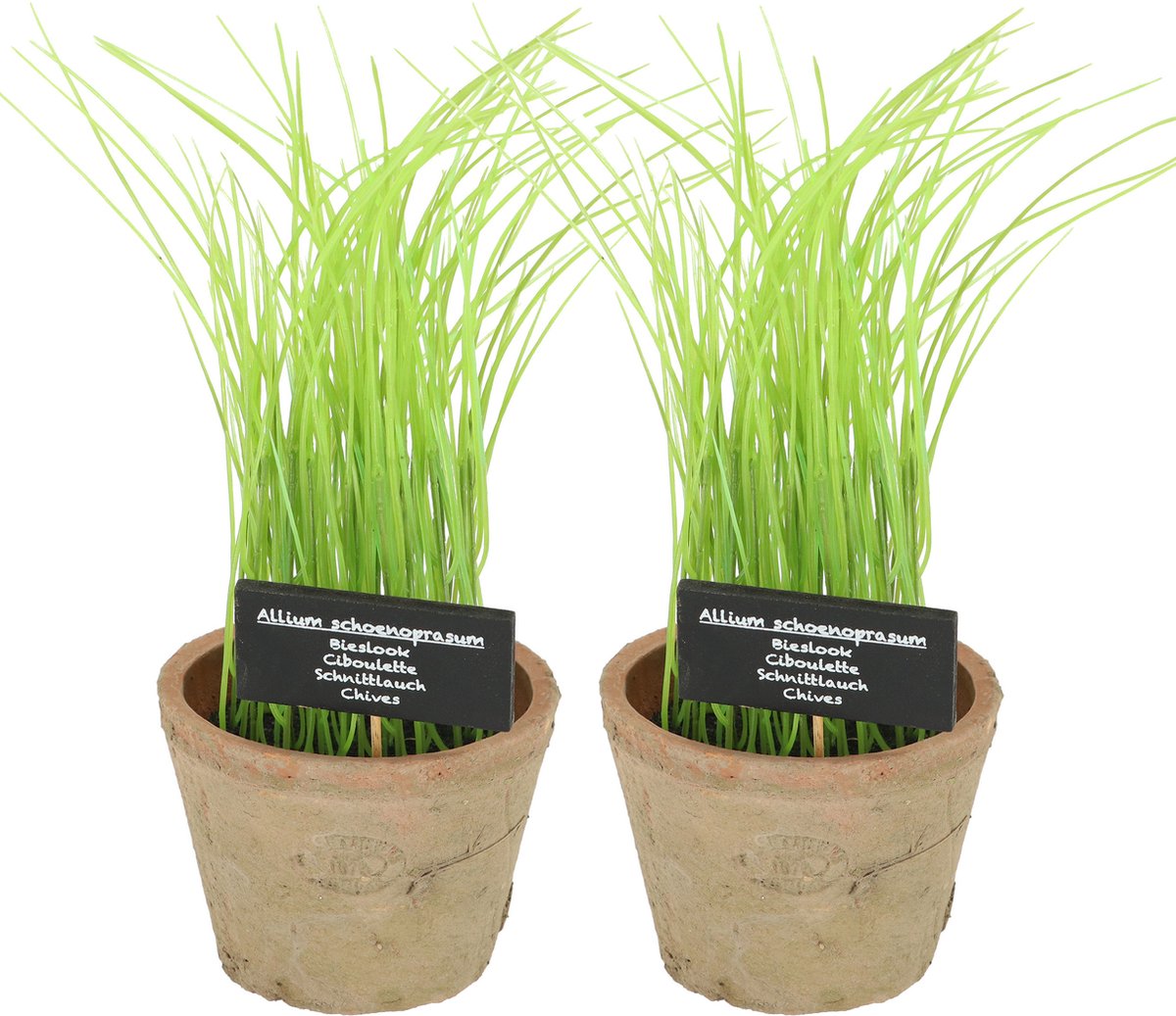 Esschert Design Kunstplant/kruiden bieslook - 2x - in oude terracotta pot - 30 cm - kruiden
