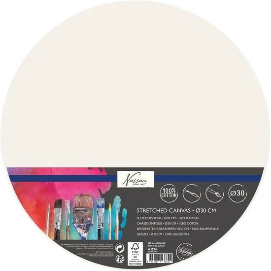 Wit rond schildersdoek van 30 cm met "Nassau Fine Art" logo, 100% katoen en verfkwasten.