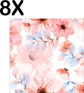 BWK Textiele Placemat - Roze Bloemen in Bloei - Getekend - Set van 8 Placemats - 40x40 cm - Polyester Stof - Afneembaar