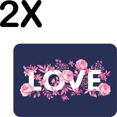 BWK Stevige Placemat - Love met Roze Bloemen op Donker Blauwe Achtergrond - Set van 2 Placemats - 40x30 cm - 1 mm dik Polystyreen - Afneembaar