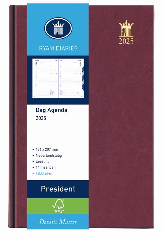 Foto: Ryam bureau agenda president wit nl mundior 2025 genaaid gebonden 136 x 207 mm 14 mnd bordeaux 