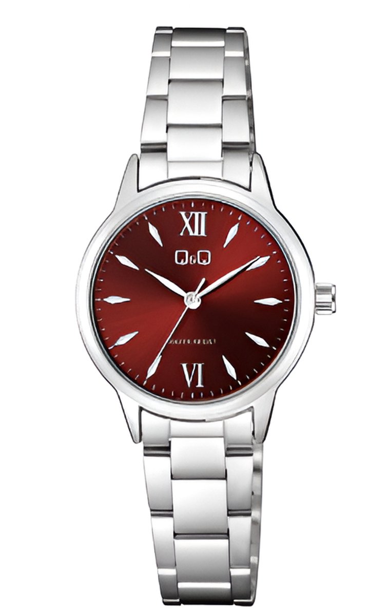 QQ Q11A-003PY - Horloge - Polshorloge - Analoog - Vrouwen - Dames - Stalen band - Rond - Metaal - Romeinse Cijfers - Strepen - Zilverkleurig - Rood