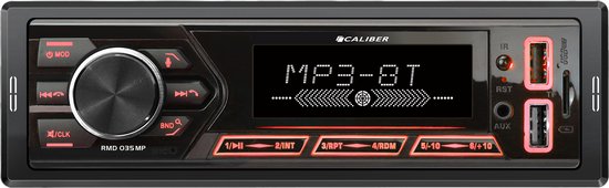 Autoradio Caliber avec écran affichant MP3-BT et accents rouges sur les boutons et les ports USB.