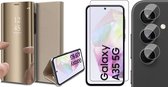 Hoesje geschikt voor Samsung Galaxy A35 - Screenprotector Glas & Camera - Spiegel Book Case Goud