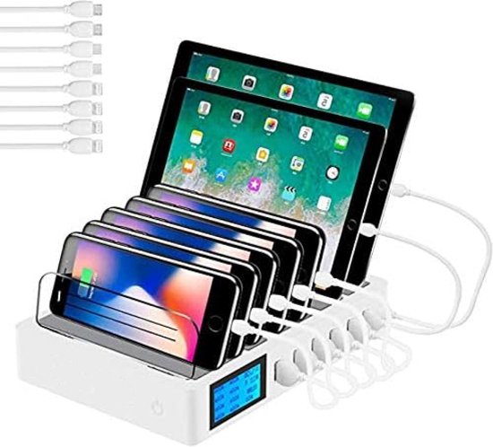 Geavanceerd USB Oplaadstation Met QC3.0 & LCD-Monitor - 7 Snellaad Poorten Dock - Compatibel Met iPad, iPhone, Samsung & Meer - Inclusief 7 Kabels - Slimme Veiligheidsfuncties - Ideaal Voor Gezin & Kantoor