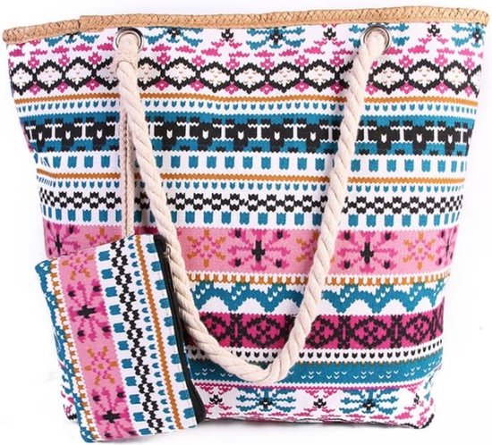 Strandtas - met rits - Kleurrijk patroon met klein opbergzakje voorzien van rits - Beachbag - Schoudertas - Tas - Bag - Shopper