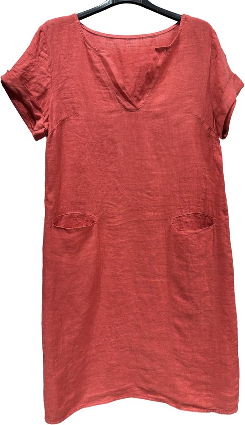 Linnen midi jurk met steek zakken - korte mouwen - v-hals - kleur ROZE/ROOD - maat 44