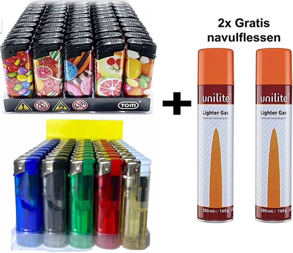 Goedkoopste Aanstekers 100 stuks navulbaar - Unilite - klik aansteker - 2 gasflessen