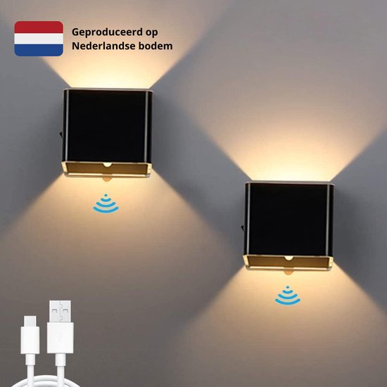 HappyLEDS® Wandlamp Oplaadbaar - Wandlamp Voor Binnen en Buiten - Up & Down Licht- 2700k - Zwart - 2 stuks