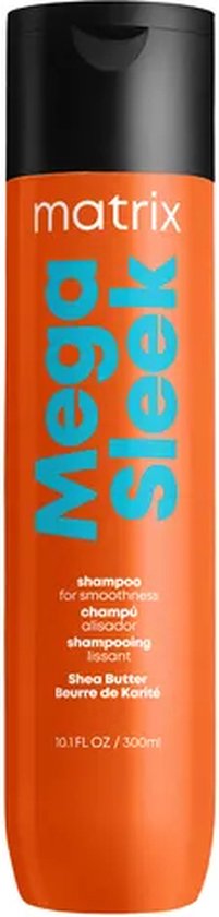 Matrix Mega Sleek shampooing lissant, 300ml, dans une bouteille orange avec un bouchon noir. Fabriqué avec du beurre de karité.