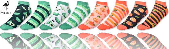 More Fashion - Kleurrijke Sneakersokken Heren - Maat 43 44 45 46 - Multipack 4 Paar - Enkelsokken - Katoen Naadloos - Fruit Avocado Sinaasappel Print - Made in EU