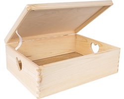 Creative Deco Houten Doos Opberger Kist | 40 x 30 x 14 cm | Met Deksel en Handvat Hart | voor Decoratie | voor Documenten, Voorwerpen, Speelgoed, Gereedschap | RUW EN ONVERZEGELD