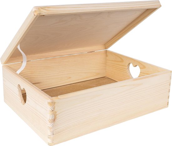 Foto: Creative deco houten doos opberger kist 40 x 30 x 14 cm met deksel en handvat hart voor decoratie voor documenten voorwerpen speelgoed gereedschap ruw en onverzegeld