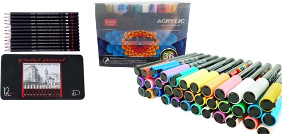 36 Acryl Stiften + Uslon 12 Professionele Grafiet Schets Tekenpotloden Set In Blik - 8B, 7B, 6B, 5B, 4B, 3B, 2B, B, HB, F, H, 2H - Potloden, Zwart - Verf Stiften - Tekenstiften - Acryl Marker - Paintmarkers - Tekenset - Happy Stones - 4mm