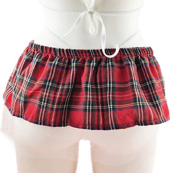 Achterkant van rood geruit minirokje met witte strik en witte bandjes van een bikini.