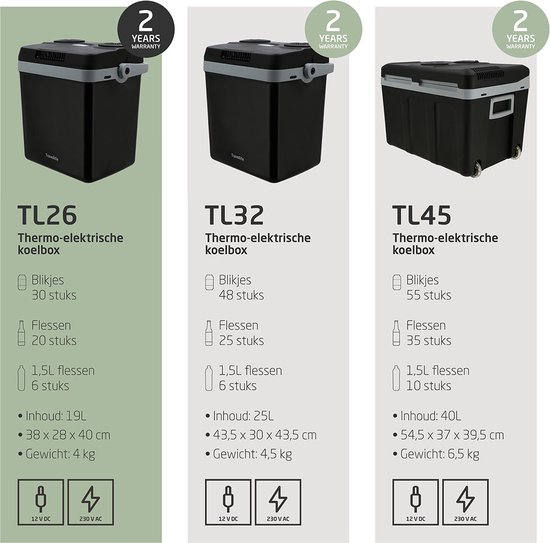 Overzicht van Travellife koelboxen: TL26 (19L), TL32 (25L) en TL45 (40L). Allemaal met 2 jaar garantie en 12V/230V aansluiting.